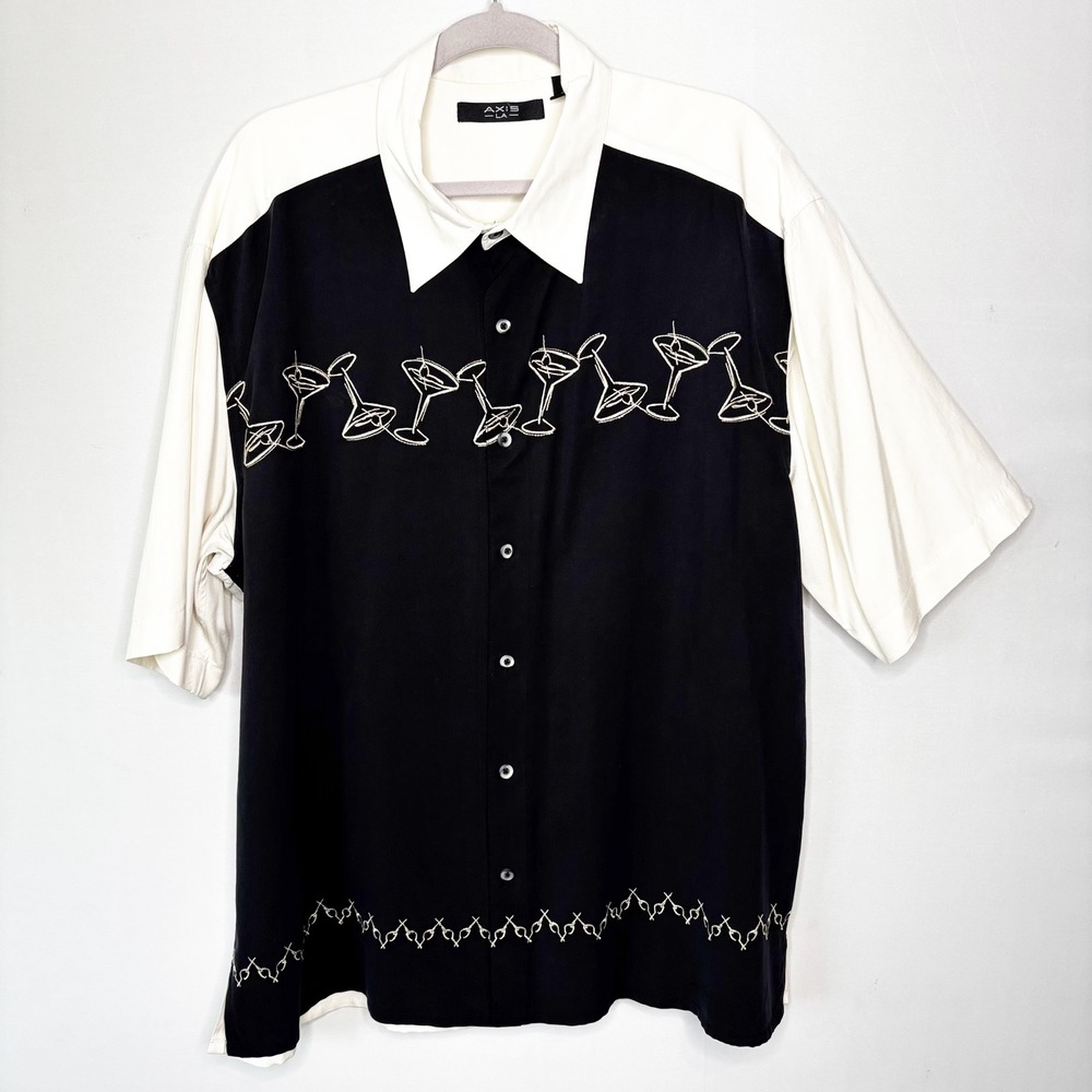 Axis LA Mens XXL Silk Martini Glass Embroidered Bowling Shirt Black White Lounge